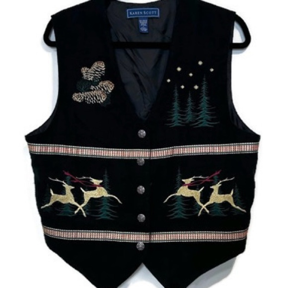 Karen Scott Festive Season Holiday Winter Christmas Deer Black Vest